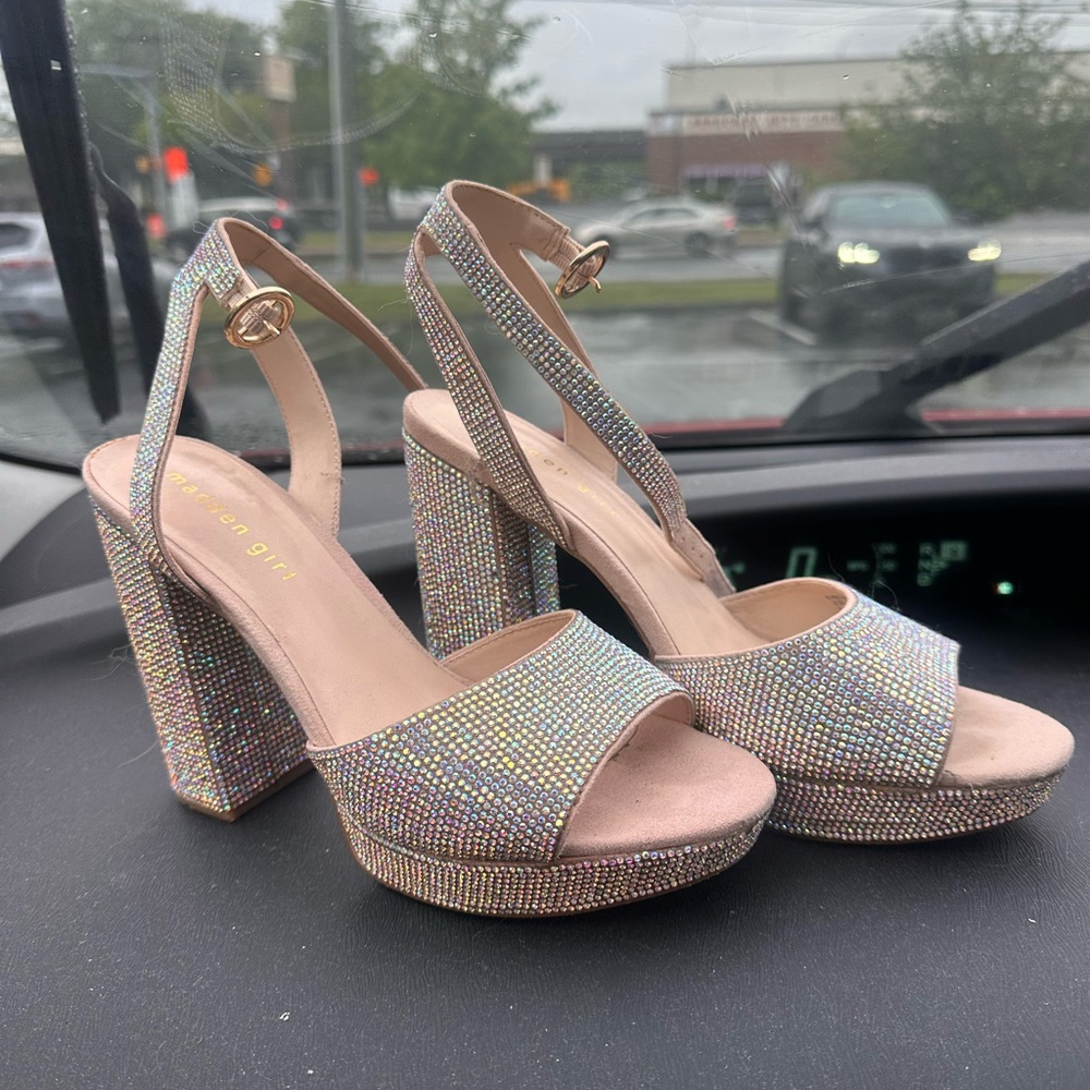 Madden Girl Silver Heels with Chunky Block Platform